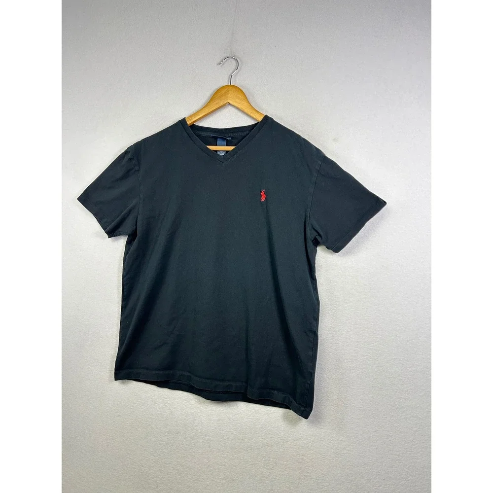 Polo Ralph Lauren V-Neck T-Shirt Men Medium Black Red Pony Logo Cotton Short Slv